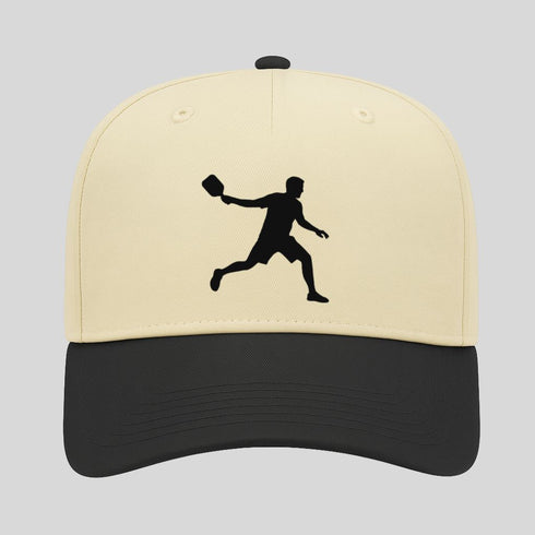 Beige and black cap with a silhouette of a person playing badminton on a light gray background